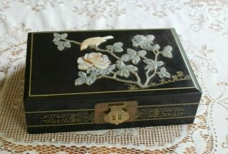 Vintage Chinese Black Lacquer Jewelry Box W/ Applied Jade & Semi Precious Stones