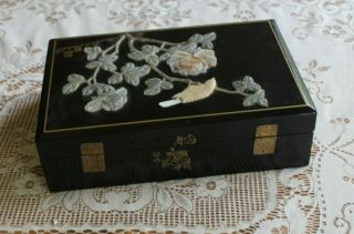 Vintage Chinese Black Lacquer Jewelry Box w/ Applied Jade & Semi Precious Stones 2