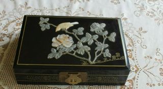 Vintage Chinese Black Lacquer Jewelry Box w/ Applied Jade & Semi Precious Stones 3
