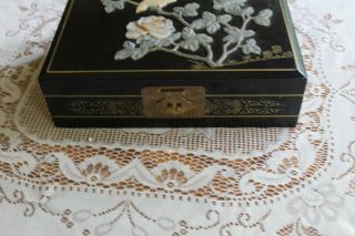 Vintage Chinese Black Lacquer Jewelry Box w/ Applied Jade & Semi Precious Stones 6