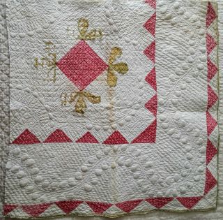 Antique Applique Red & Green Cutter Quilt Pc With Trapunto - 28 In X 28 In (7003)