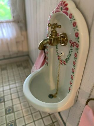 Vintage Bodo Henning Miniature Dollhouse Wall Sink Metal Roses Brass Plug Chain