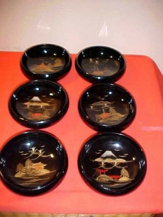6 Aizu Japanese Hand Painting Black Lacquer Bowls Japan Beauty
