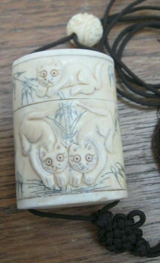 Hand Carved Bovine Bone Inro With Ojime With Scenes Of Cats