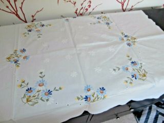 Vintage White Cotton Tablecloth With Blue Flower Embroidery 34 " X 34 "