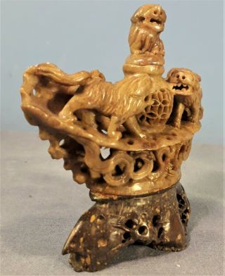 Antique Chinese Hand Carved Soapstone Foo Dog Incense Burner/Bottle 3