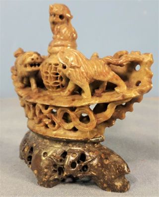 Antique Chinese Hand Carved Soapstone Foo Dog Incense Burner/Bottle 4