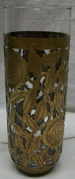 7 " Tall Vintage Floral Design Brass Wrapped / Covered Glass Vase