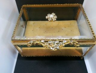 Antique Ormolu Filigree Jewelry Casket,  Beveled Glass,  Vintage Box