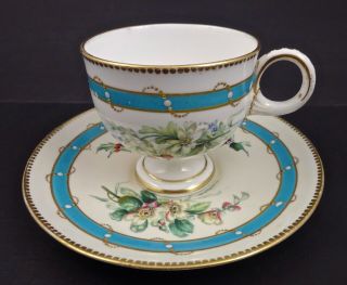 Antique Royal Worcester Tea Cup & Saucer,  Pedestal Base,  Hand Painted