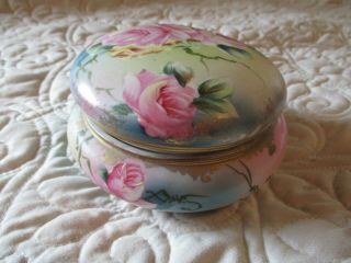 Antique Hand Painted Nippon Porcelain Roses Vanity Dresser Jar Maple Leaf Mark