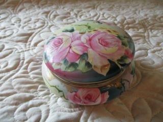 Antique Hand Painted Nippon Porcelain Roses Vanity Dresser Jar Maple Leaf Mark 2