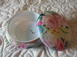 Antique Hand Painted Nippon Porcelain Roses Vanity Dresser Jar Maple Leaf Mark 4