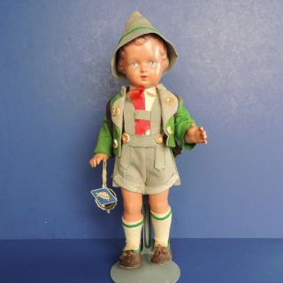 Vintage 10 " Qualitats Trachten Puppen Costume Celluloid Boy Felt & Leather - Tags