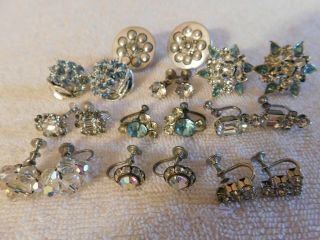 Antique Vintage 10 Pairs Rhinestones,  Crystal Screw On Back Earrings So Pretty
