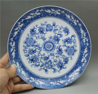 8”chinese Blue And White Porcelain Plate Painted Flower W Qianlong Mark