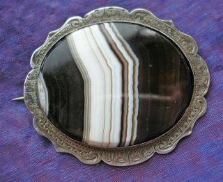 Large Antique Victorian Silver And Banded Agate Brooch