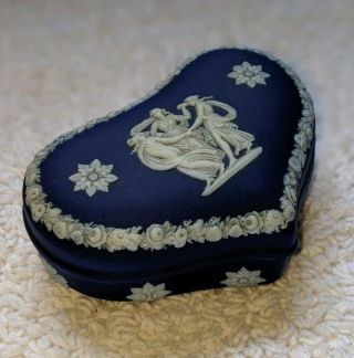 Wedgwood England Dark Blue Antique Jasper Ware Covered Box Trinket Heart Jewelry