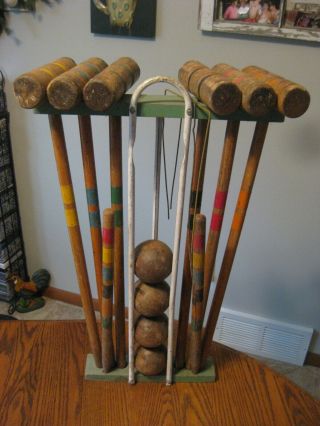 Antique/vintage Croquet Set With Holding Stand - Antique Wood Balls