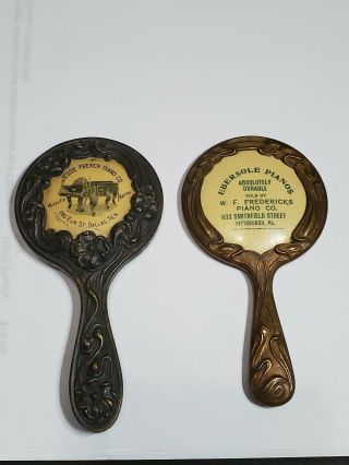 2 Antique Miniature Advertising Pocket Mirror Piano Ebersole & Jesse French