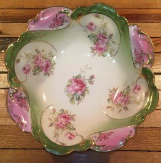 Green And Pink Roses Antique Mz Austria Porcelain Hand Painted Bowl