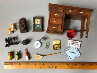 Vtg Doll House Furniture Items Clock Sewing Maching Cans Antique Phone Delft Dog