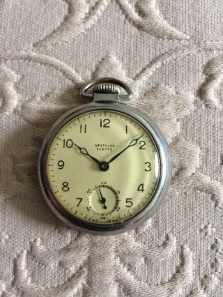 Vintage Westclox Scotty Pocket Watch.  Silver.  Runs.  Made In The Usa.