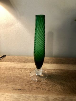 Vintage Hand Blown Footed Swirl Vase - Emerald Green In Euc