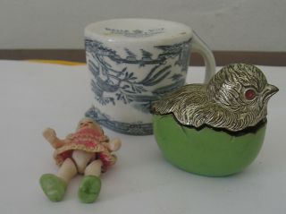 Three Antique Items Willow Milk Jug A Metal Chicken Box A Porcelain Mini Doll