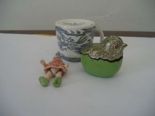 three antique items willow milk jug a metal chicken box a porcelain mini doll 2