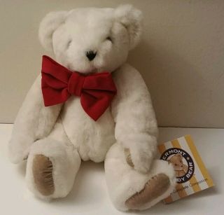 Vtg Vermont Teddy Bear Jointed Plush White Blue Eyes Red Bow 16 " W Booklet Usa