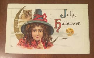 Antique Embossed Halloween Postcard Witch W/ Costume Dated 1910s W Stamp Mass
