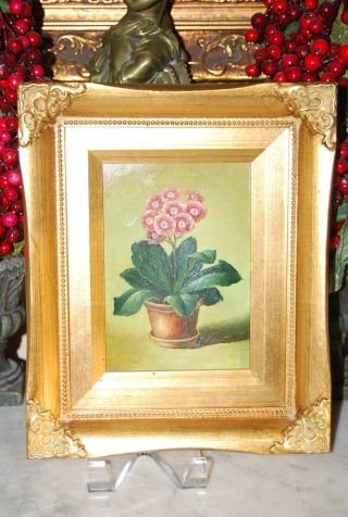 Vintage Oil Painting On Board Flowers On Pot Mounted On Golden Frame 2