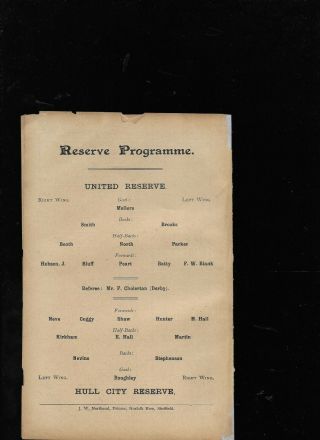Antique Programme Sheffield United Reserves V Hull City Res 2 - 11 - 1907