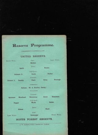 Antique Programme Sheffield United Reserves V Nottingham Forest Res 19 - 10 - 1907