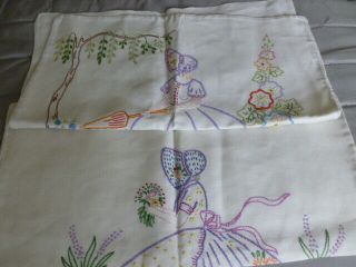 Vintage Pair White Linen Crinoline Lady Country Garden Embroidery Fabric Xc