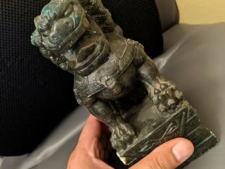 Antique Chinese Carved Green Marble Jade Soapstone Foo Dog Statue God Lion