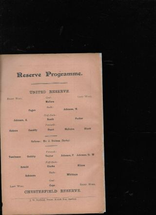 Antique Programme Sheffield United Reserves V Chesterfield Reserves 11 - 1 - 1908
