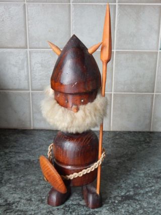 Vintage Danish Wooden Warrior Denmark Viking Norseman Figure Wood Teak