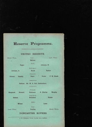 Antique Programme Sheffield United Reserves V Doncaster Reserves 30 - 11 - 1907