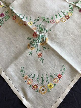 Pretty Vintage Floral Hand Embroidered Small Square White Irish Linen Tablecloth