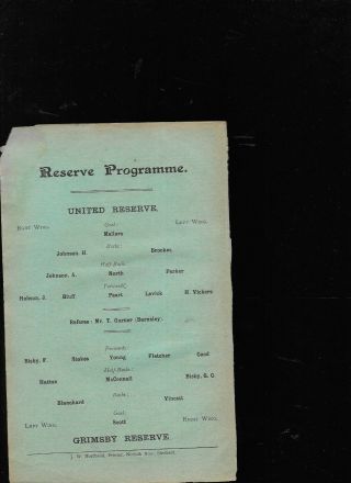 Antique Programme Sheffield United Reserves V Grimsby Town Reserves 2 - 9 - 1907