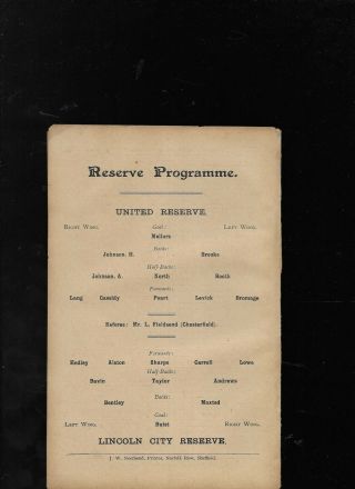 Antique Programme Sheffield United Reserves V Lincoln City Reserves 5 - 10 - 1907
