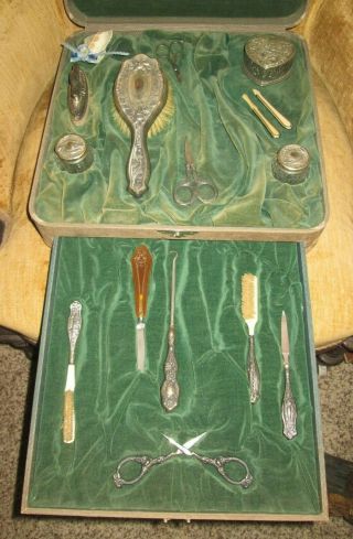 Antique Ladies Sterling Silver Grooming Kit With Drawer