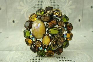 Vtg Antiqued Gold Tone Brown Amber Green Rhinestone W/ Cabochon Givre Pin Brooch