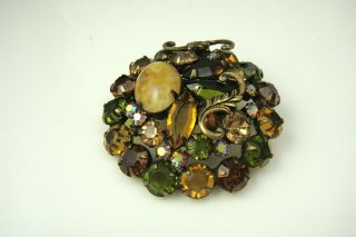 VTG Antiqued Gold Tone Brown Amber Green Rhinestone w/ Cabochon Givre Pin Brooch 4