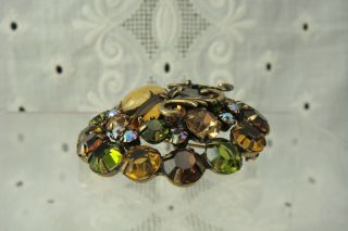 VTG Antiqued Gold Tone Brown Amber Green Rhinestone w/ Cabochon Givre Pin Brooch 5