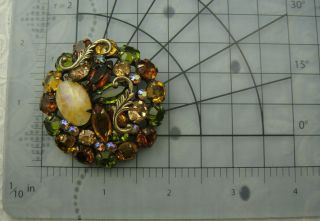 VTG Antiqued Gold Tone Brown Amber Green Rhinestone w/ Cabochon Givre Pin Brooch 6