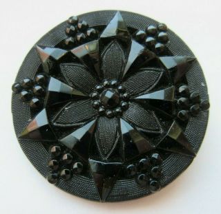 Stunning Large Antique Vtg Victorian Black Glass Button Ornate Flower (g)