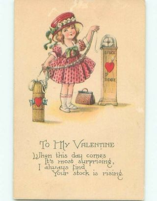 Pre - Linen Valentine Girl Checks Prices From Antique Stock Ticker Ab2906